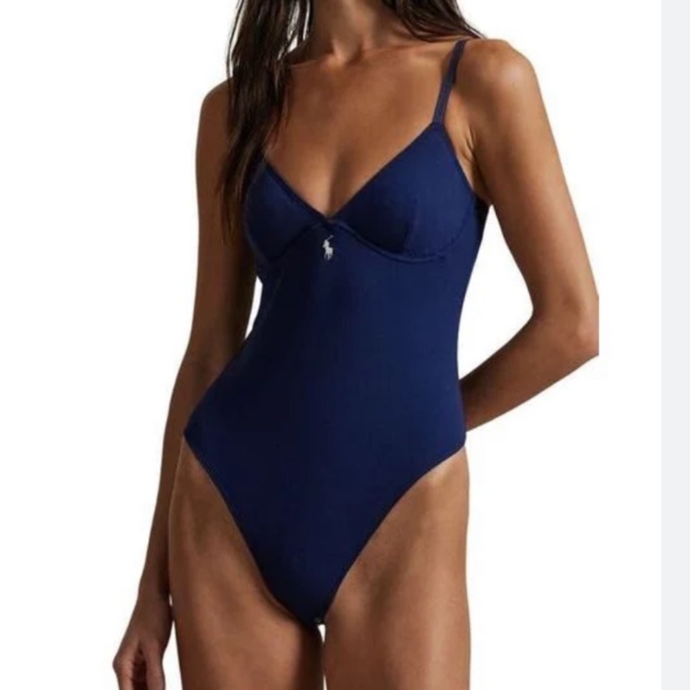 Ralph Lauren Navy Blue v neck ribbed bodysuit